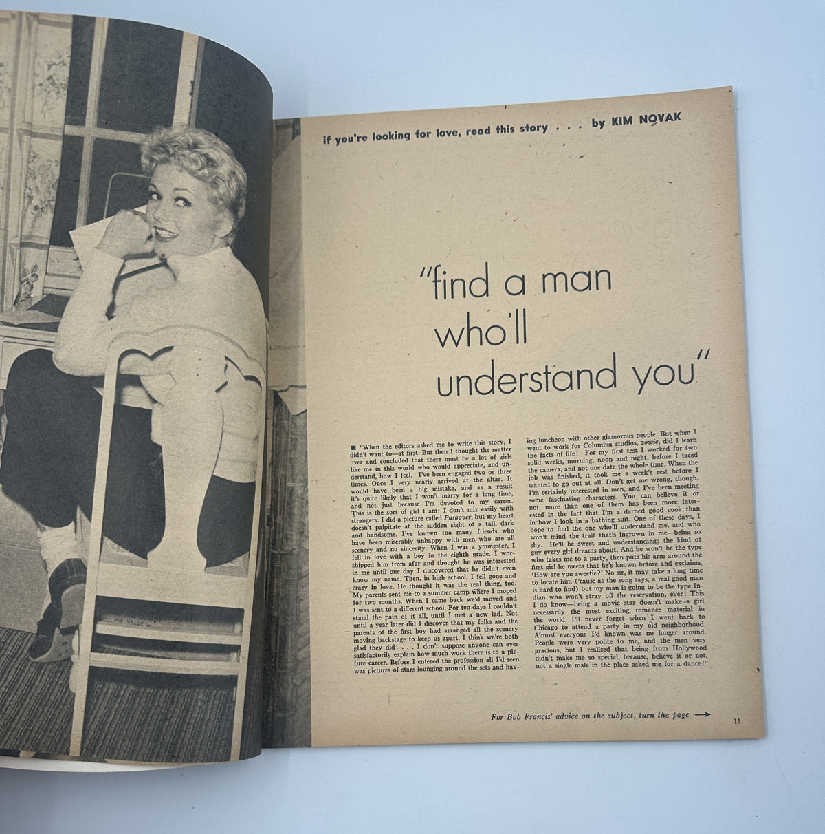 Page featuring an article titled 'Find A Man Who'll Understand You' by Kim Novak in Screen Album Magazine May 1955, showcasing classic design and text layout.
