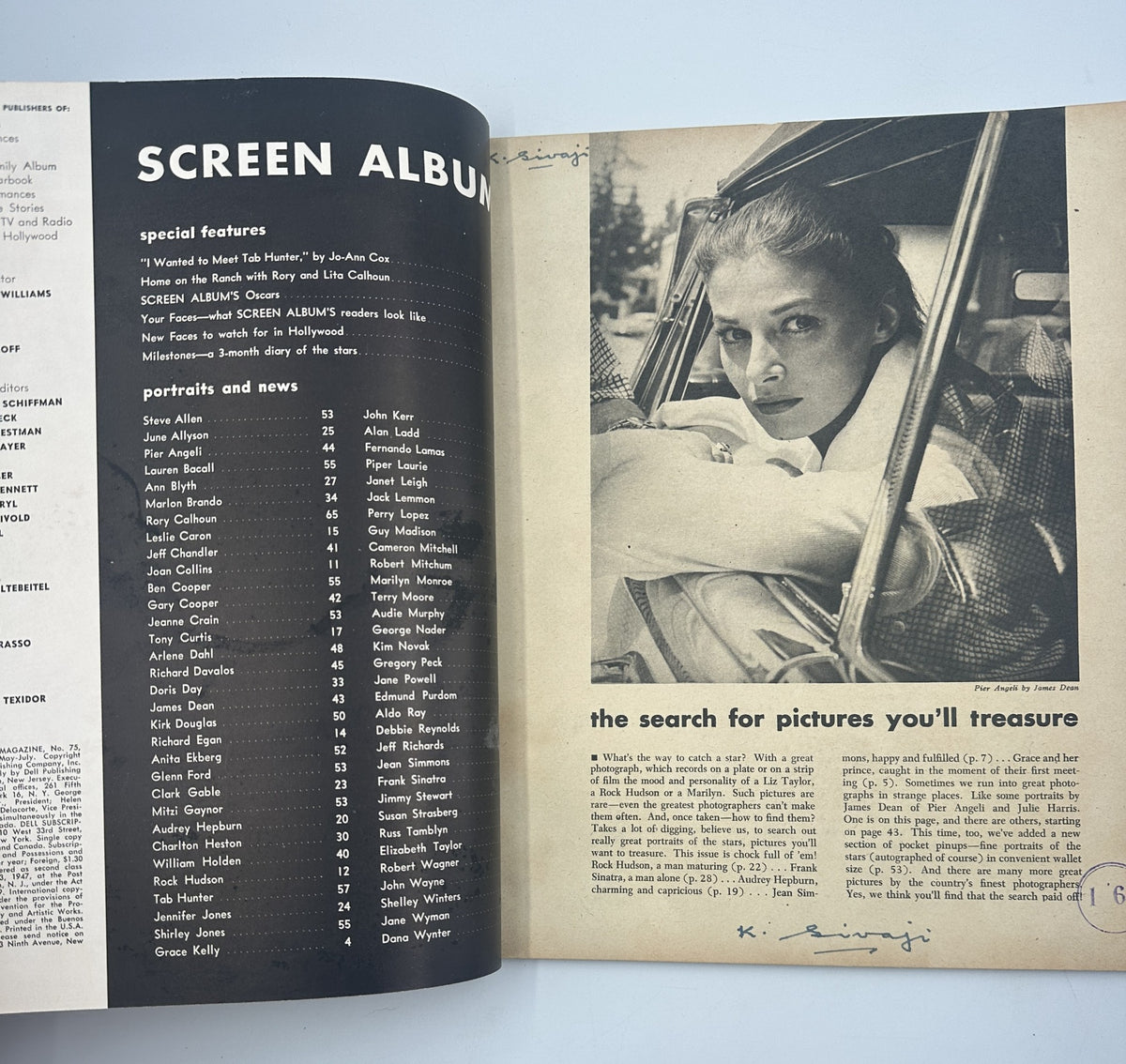Inside page of Screen Album Magazine from May 1956, displaying 'special features' and the Table of Contents. This page includes profiles of famous Hollywood stars like Grace Kelly and Tab Hunter.