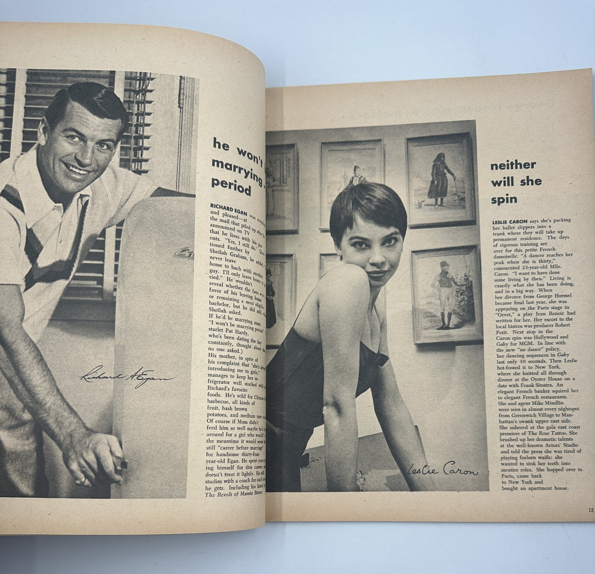 Screen Album Magazine May 1956 image featuring Richard Egan and Leslie Caron with captions discussing their personal lives.