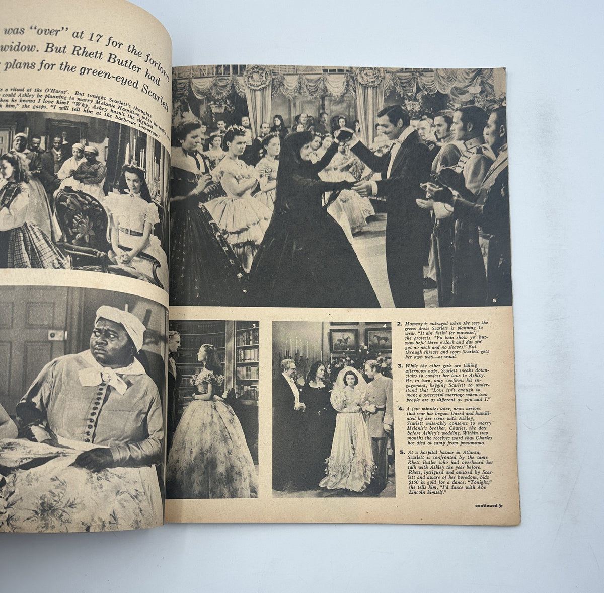Interior spread of Treasury of Screen Classics Magazine 1957 displaying scenes from the film 'Gone With the Wind', highlighting key characters and pivotal moments in the story.