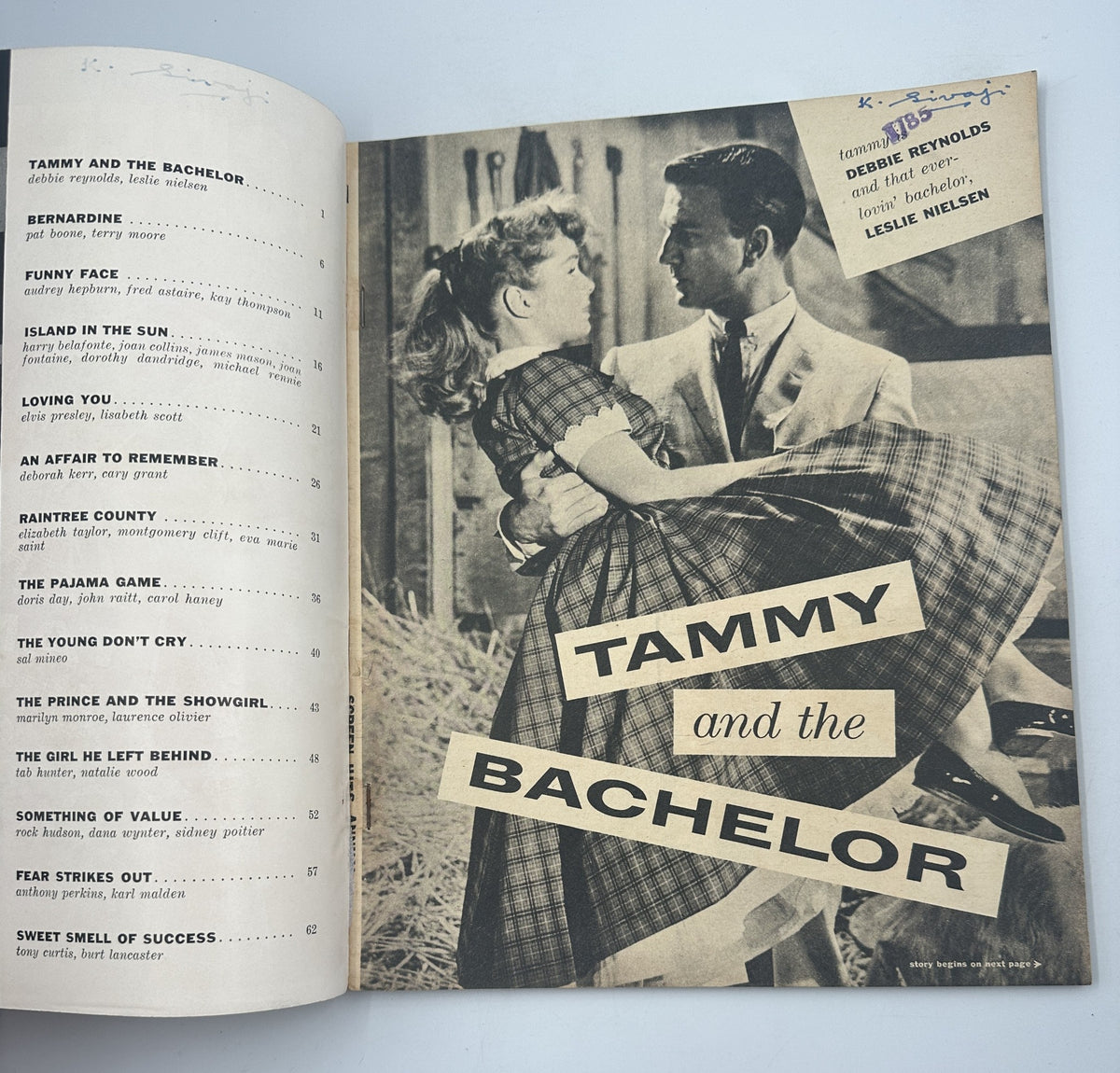 Cover page of 'Screen Hits Magazine' from 1957 featuring 'Tammy and the Bachelor' starring Debbie Reynolds and Leslie Nielsen, with a vintage design and classic film themes.