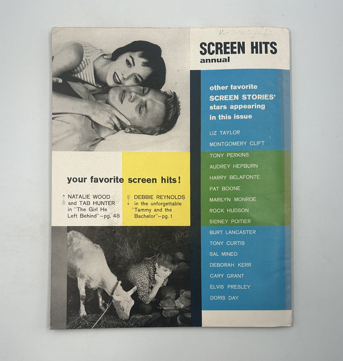 Back cover of 'Screen Hits Magazine' 1957, displaying additional stars featured in the issue including Elizabeth Taylor and Elvis Presley, with a colorful and eye-catching layout.