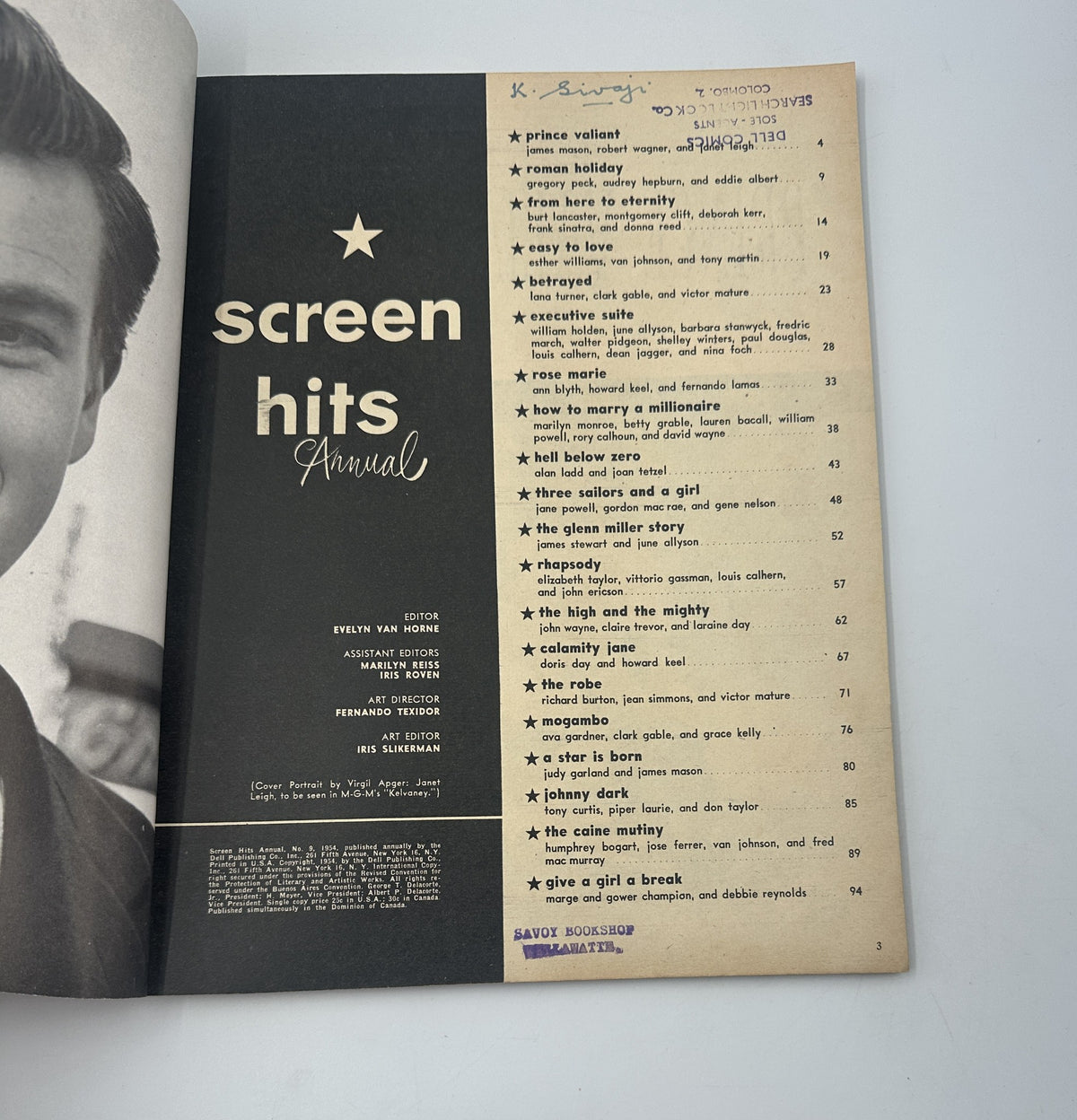 Screen Hits Annual Magazine 1954 cover page featuring a list of articles and movies including Prince Valiant, Roman Holiday, and From Here to Eternity.