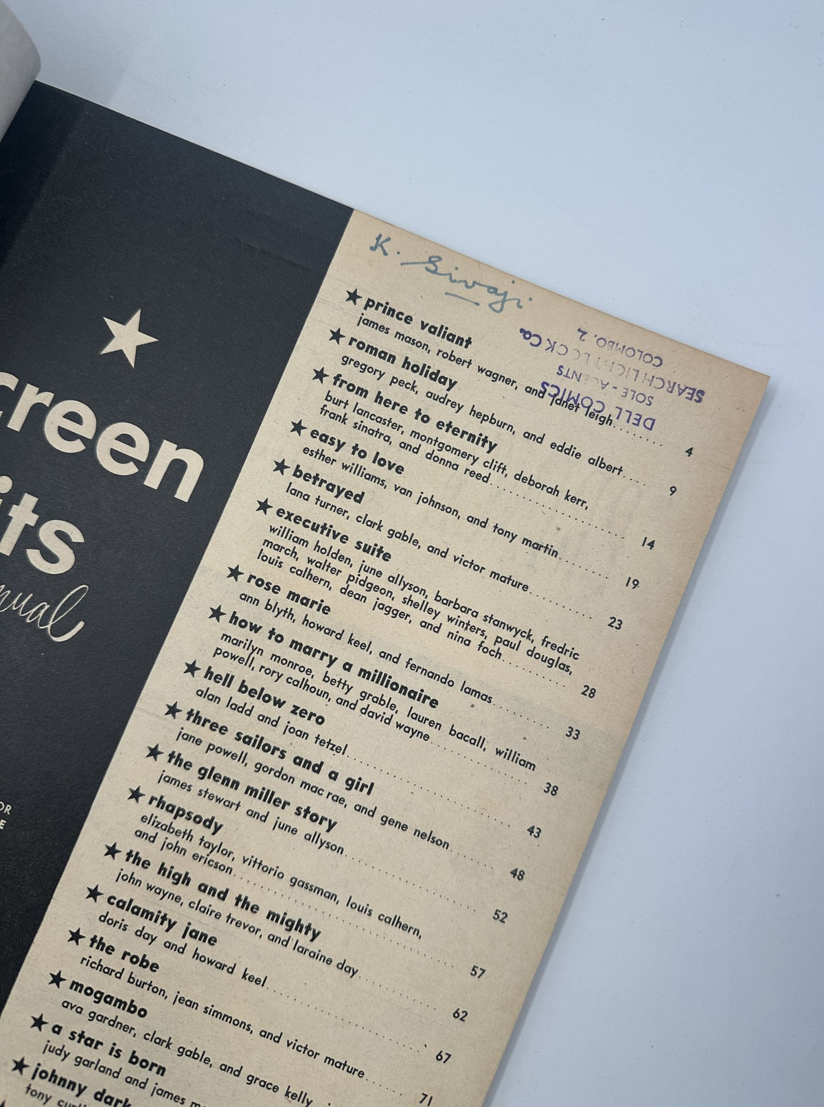 Screen Hits Annual Magazine 1954 Table of Contents with featured films and stars such as Marilyn Monroe in How to Marry a Millionaire and Alan Ladd in Hell Below Zero.
