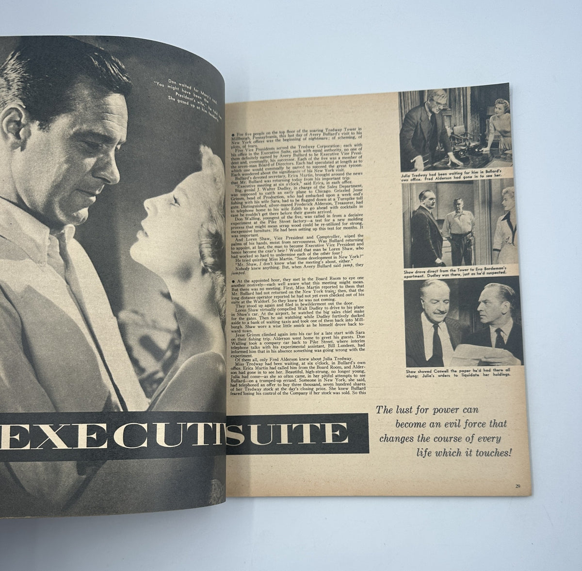 Screen Hits Annual Magazine 1954 content page showcasing the article about the film Executive Suite with images of actors and movie details.
