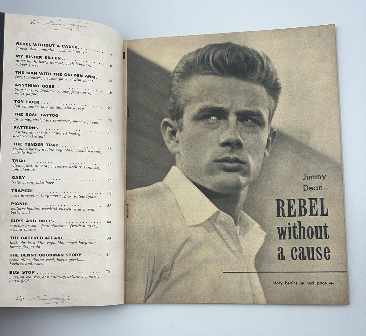 Interior page of Screen Hits Magazine 1956 displaying a portrait of James Dean for Rebel Without a Cause, alongside the Table of Contents for the issue.