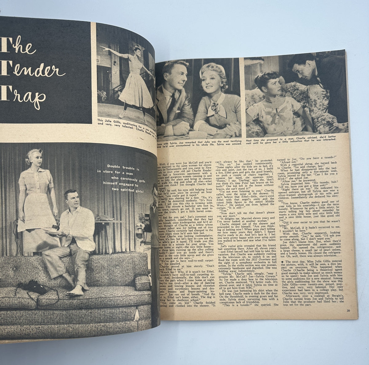 Page from Screen Hits Magazine 1956 featuring 'The Tender Trap' with images from the film, showcasing scenes and characters. Highlighted in the magazine is James Dean's movie 'Rebel Without a Cause.'