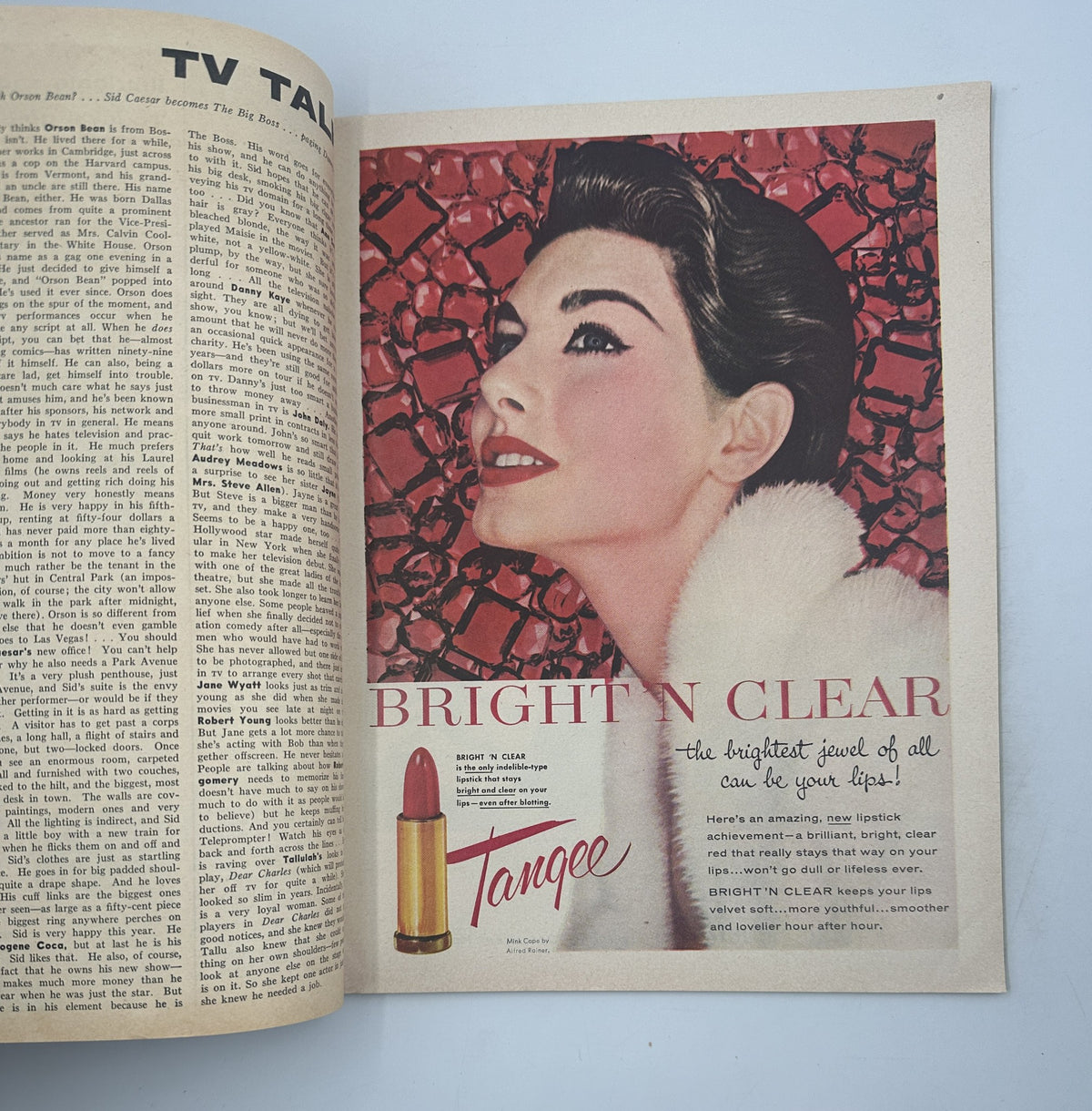 Ad in Modern Screen Magazine December 1954 promoting Tangee lipstick under the heading 'Bright'n Clear', featuring a model showcasing a beauty look with bright lipstick.