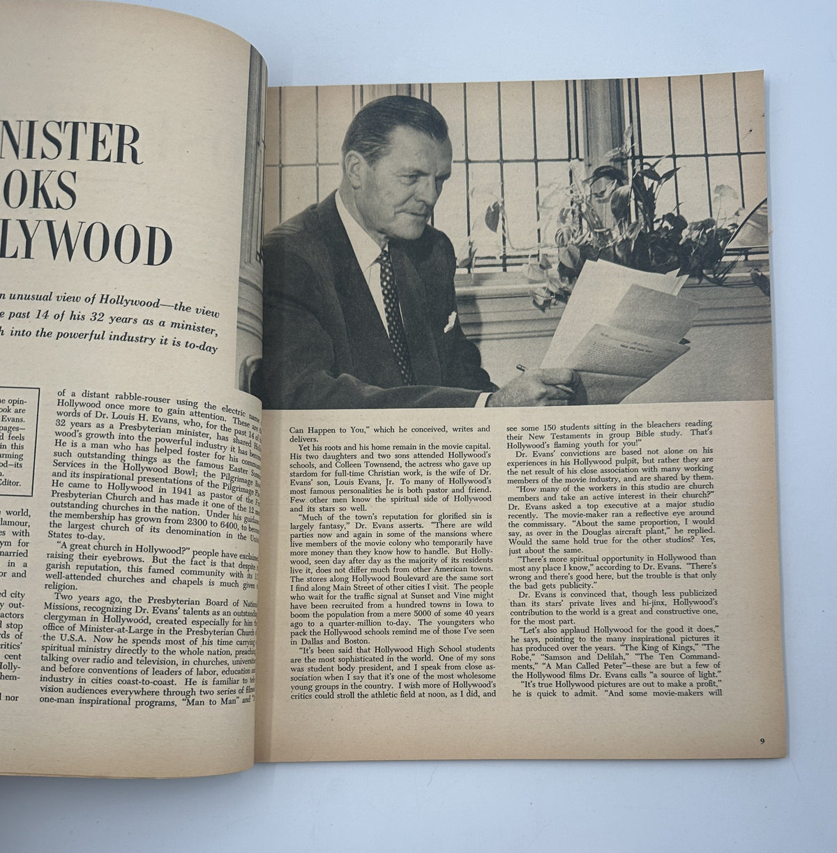 Article page from Movieland Magazine 1956 Annual featuring a discussion on Hollywood from a minister's perspective, showcasing insights into the entertainment industry.