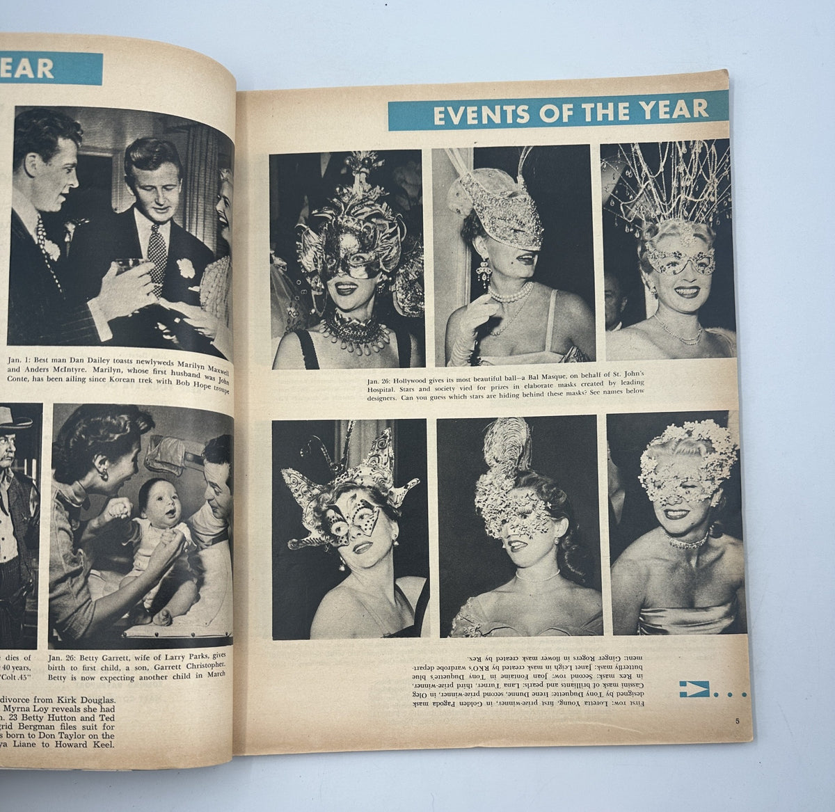 Events of the Year from the 1951 Photoplay Magazine Annual featuring celebrities wearing elaborate masks during a glamorous event.