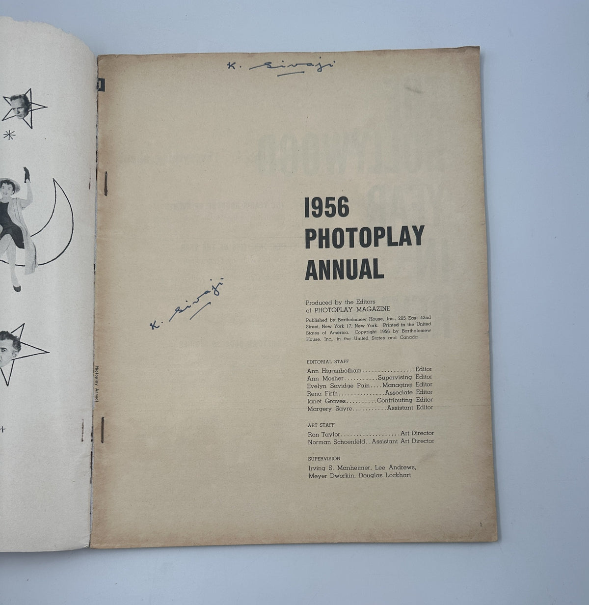 Inside page of the 1956 Photoplay Annual Magazine displaying the editorial section, detailing the production credits and contributors.