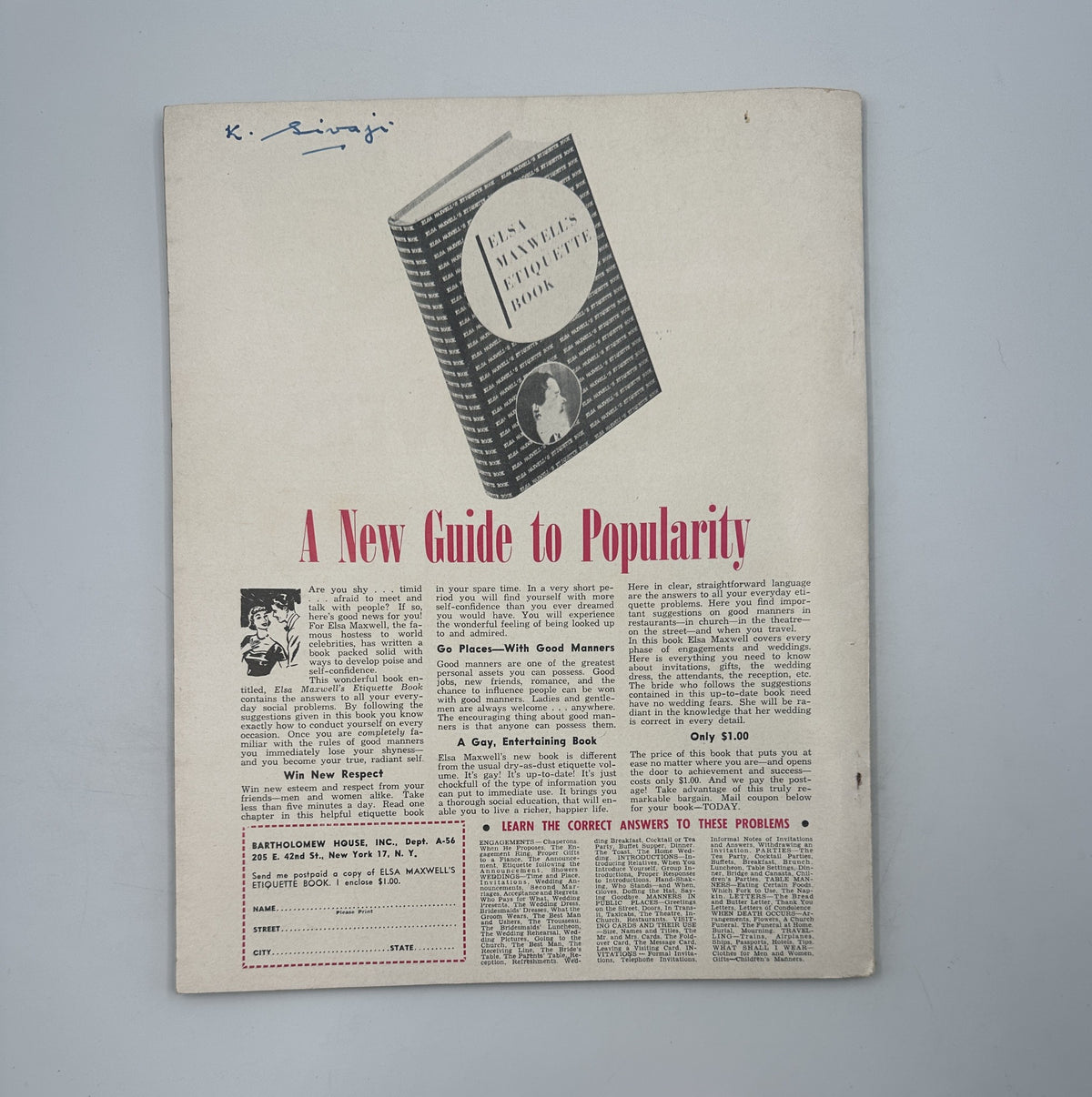 Back cover of the Photoplay Annual Magazine 1956 featuring a promotional blurb for 'A New Guide to Popularity', a book on social etiquette and manners, showcasing vintage magazine design and typography.