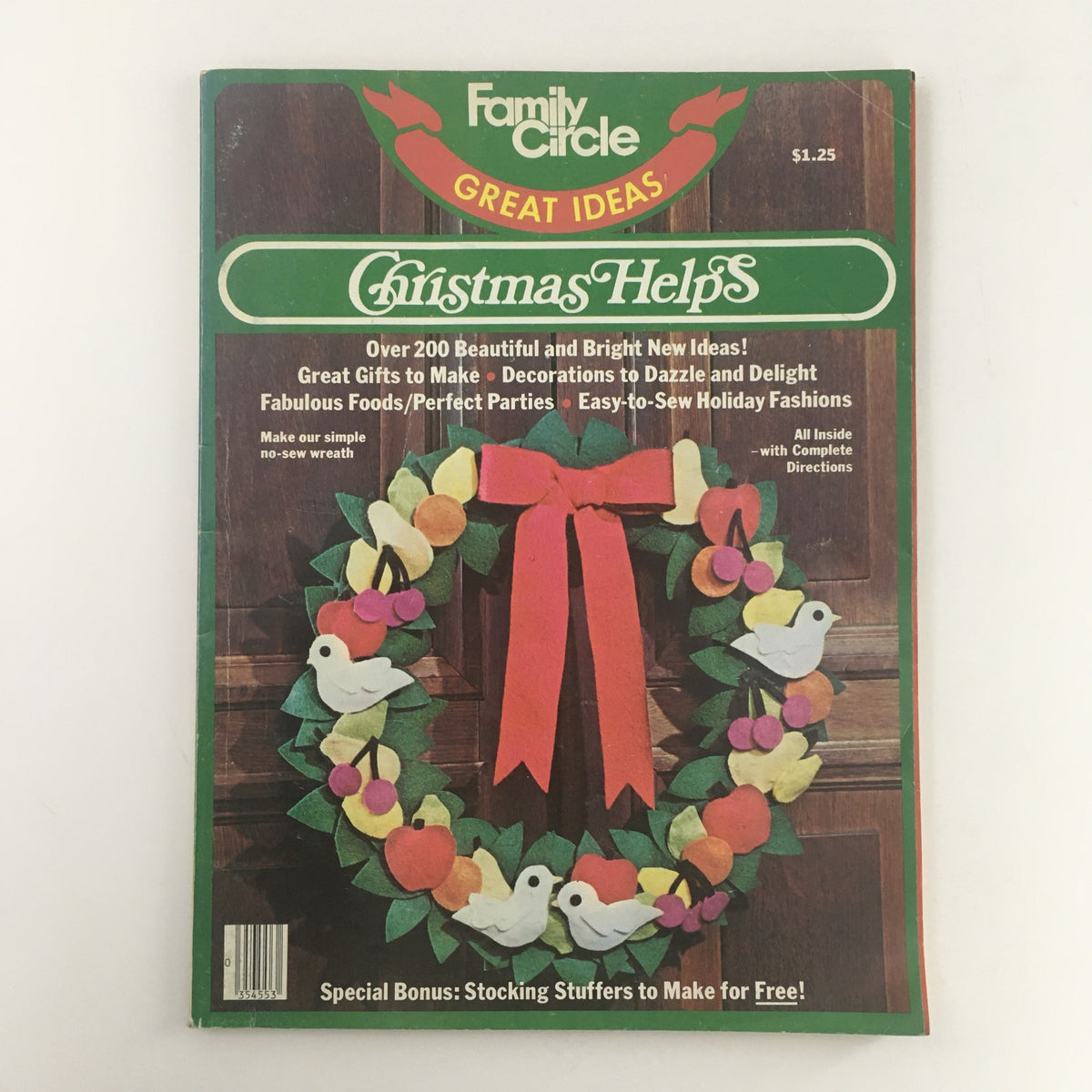 Family Circle Magazine December 1975 cover featuring Christmas Helps with a festive wreath design, showcasing great ideas for holiday gifts, decorations, and stocking stuffers.