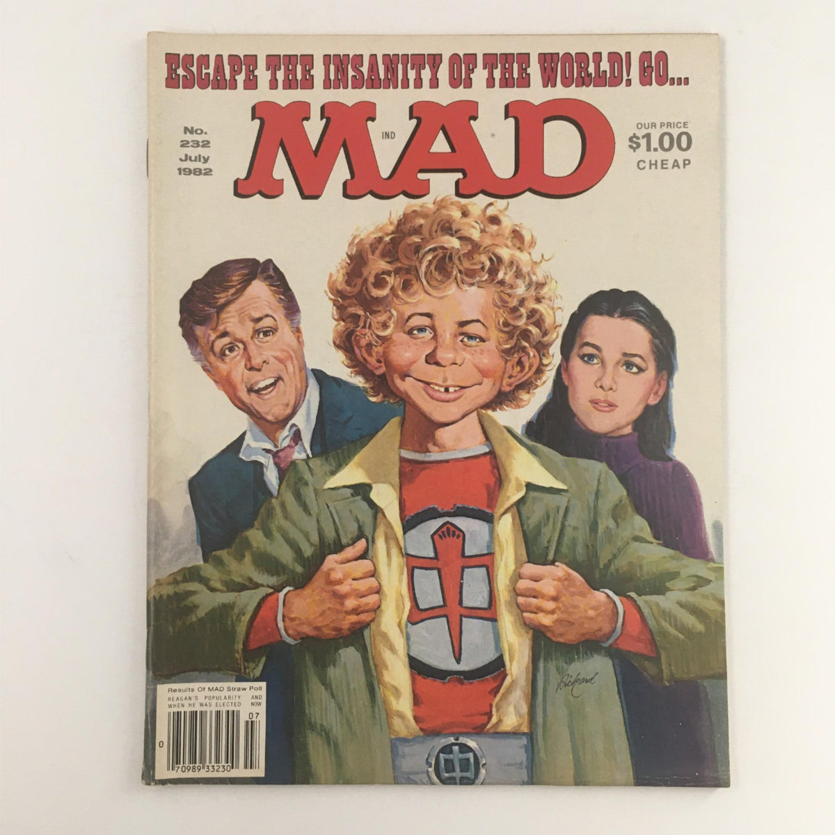 Cover of Mad Magazine July 1982 No. 232 Escape the Insanity of World, featuring quirky characters and vibrant artwork.