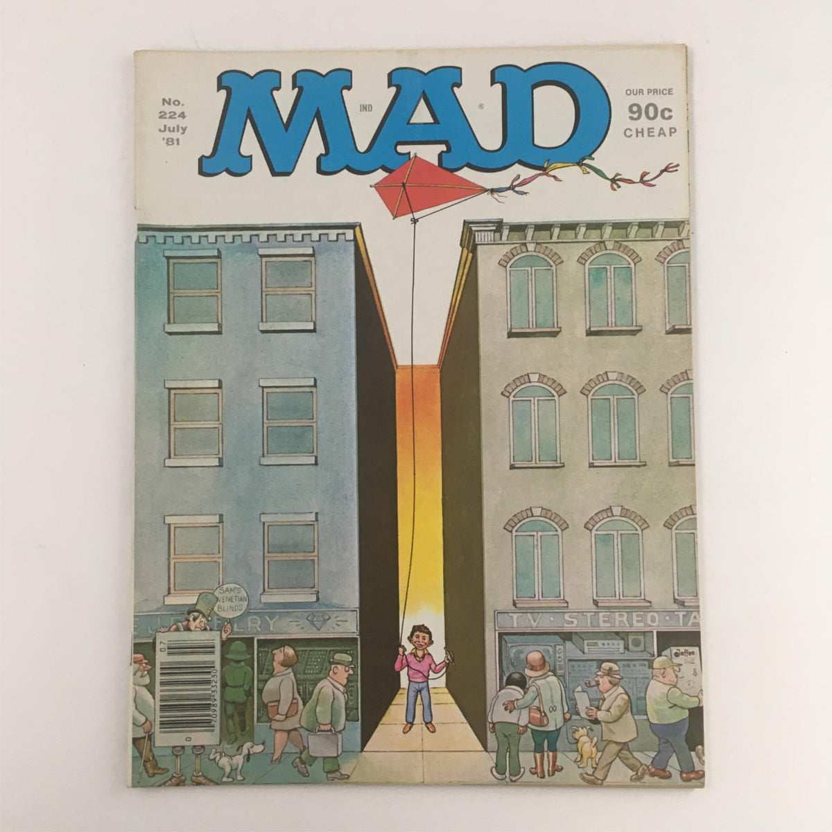 Cover of Mad Magazine July 1981 No. 224 featuring a whimsical illustration about kite flying in an urban setting. The design showcases colorful buildings and playful characters, capturing the unique humor and artistic style of the era.