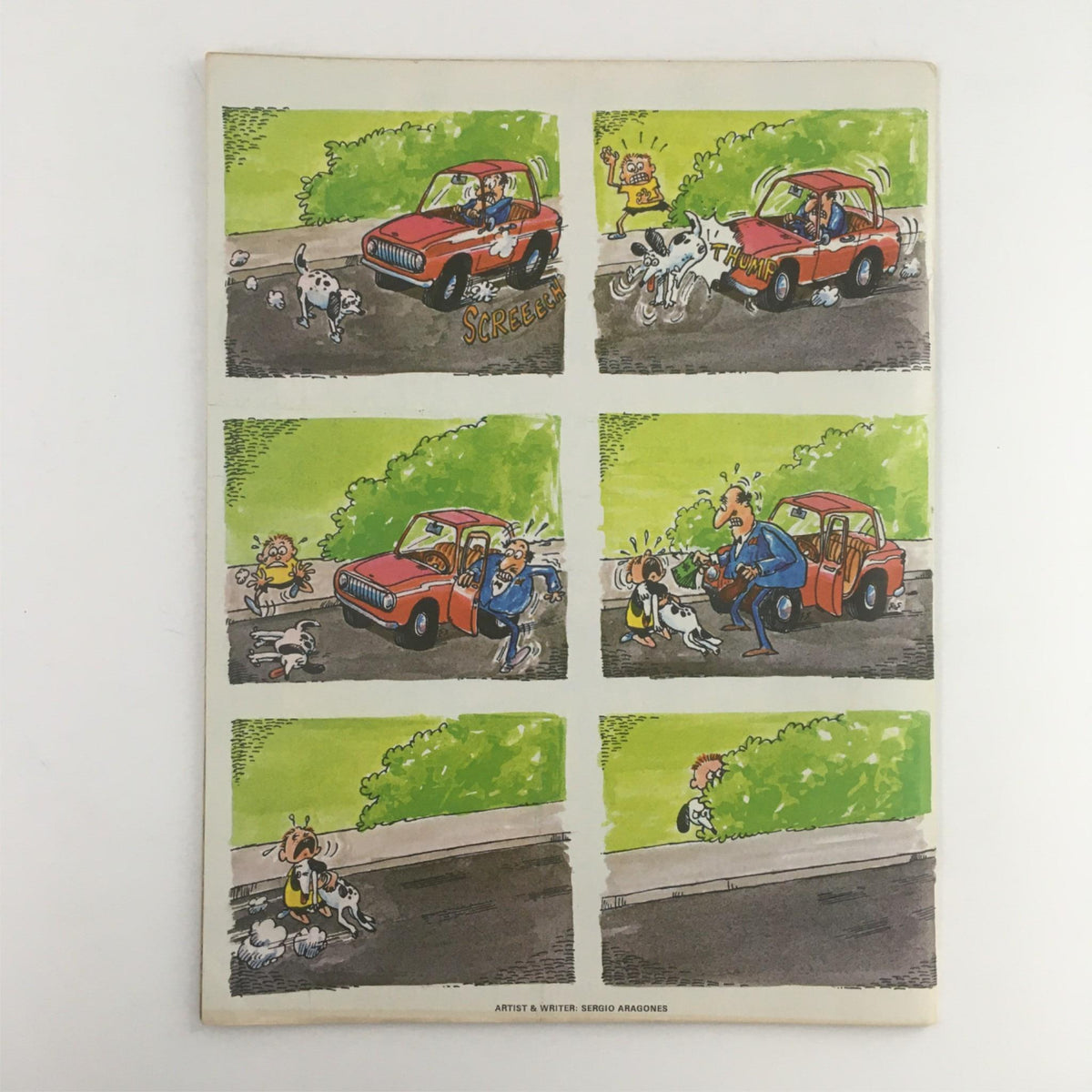 Back cover of Mad Magazine July 1981 No. 224, illustrated by Sergio Aragonés. It features a humorous comic strip involving a red car and a dog, reflecting the satirical and comedic essence of the magazine.