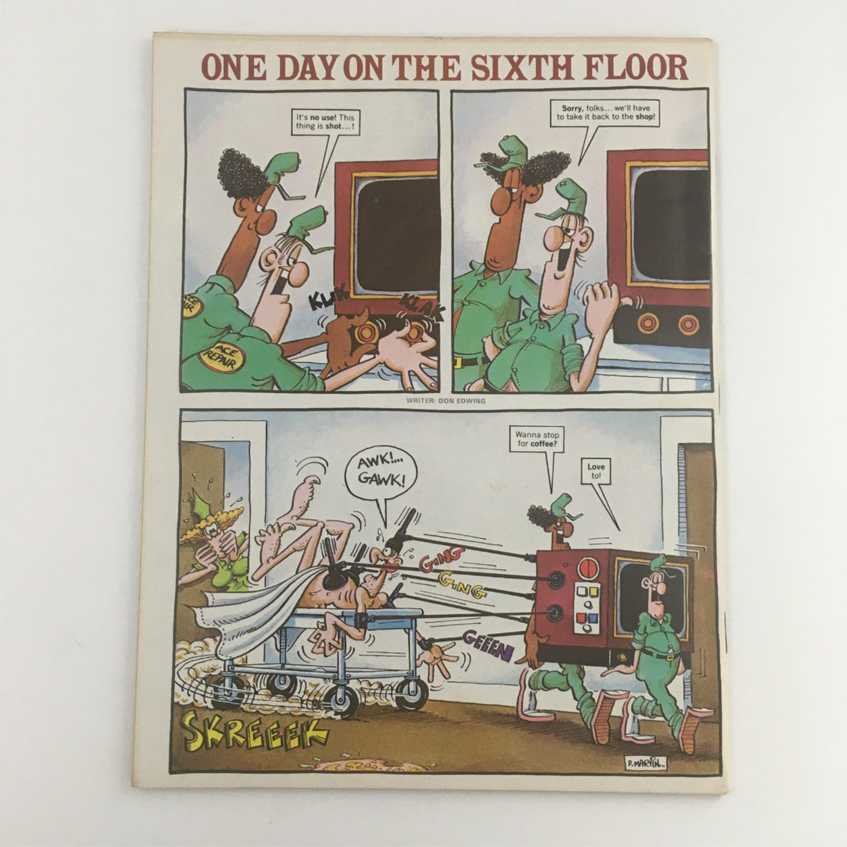 Comic strip from Mad Magazine December 1983 No. 243 featuring humor about a malfunctioning machine, part of the Superman III themed issue.