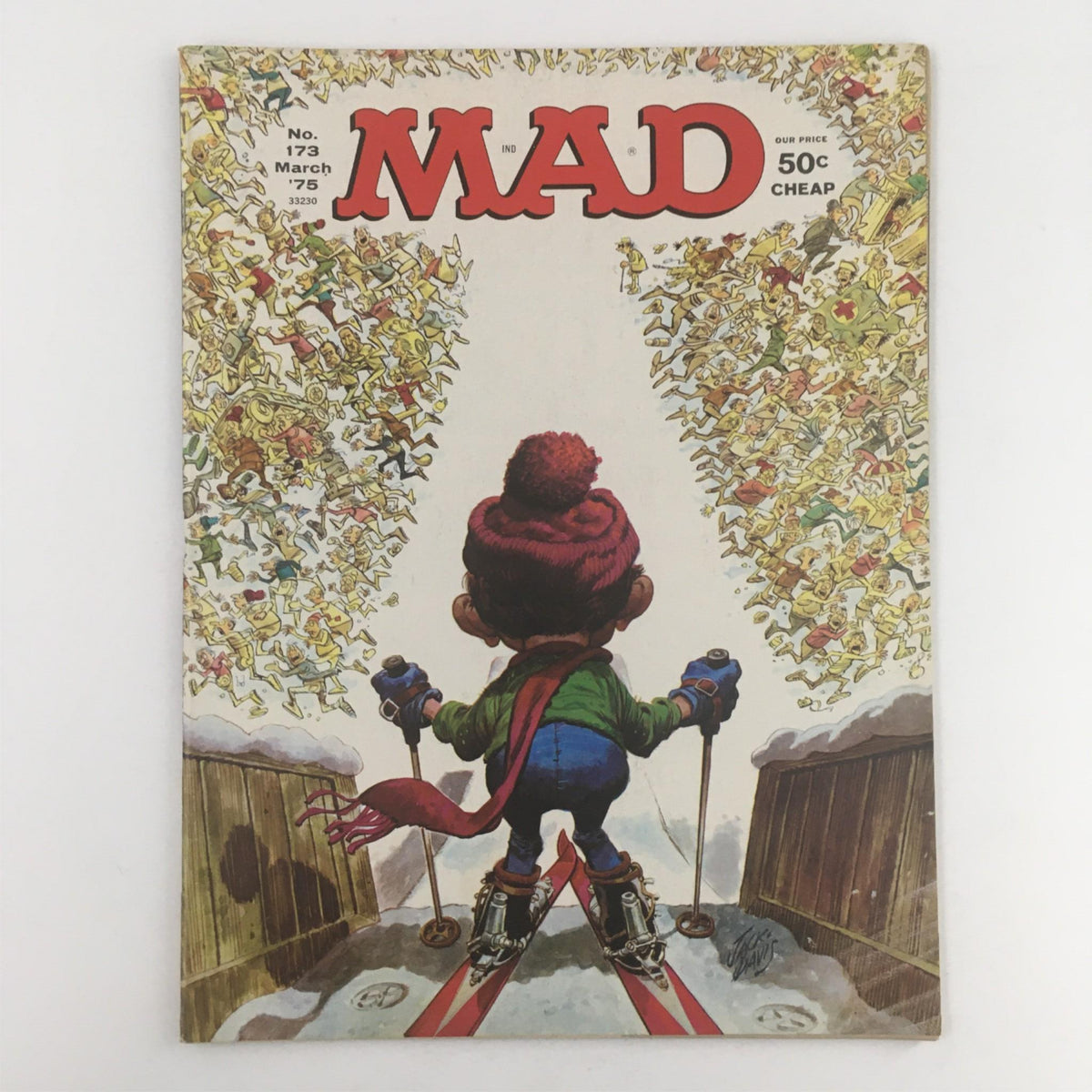 Mad Magazine March 1975 No. 173 featuring a colorful cover illustration of a child skier amidst an eruption of cartoon characters, embodying the irreverent humor and satire typical of the magazine.