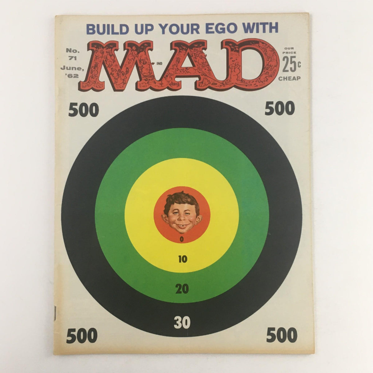 Cover of Mad Magazine June 1962 No. 71 Bullseye featuring a vibrant bullseye target with a smiling boy's face at the center and the title 'MAD' prominently displayed.