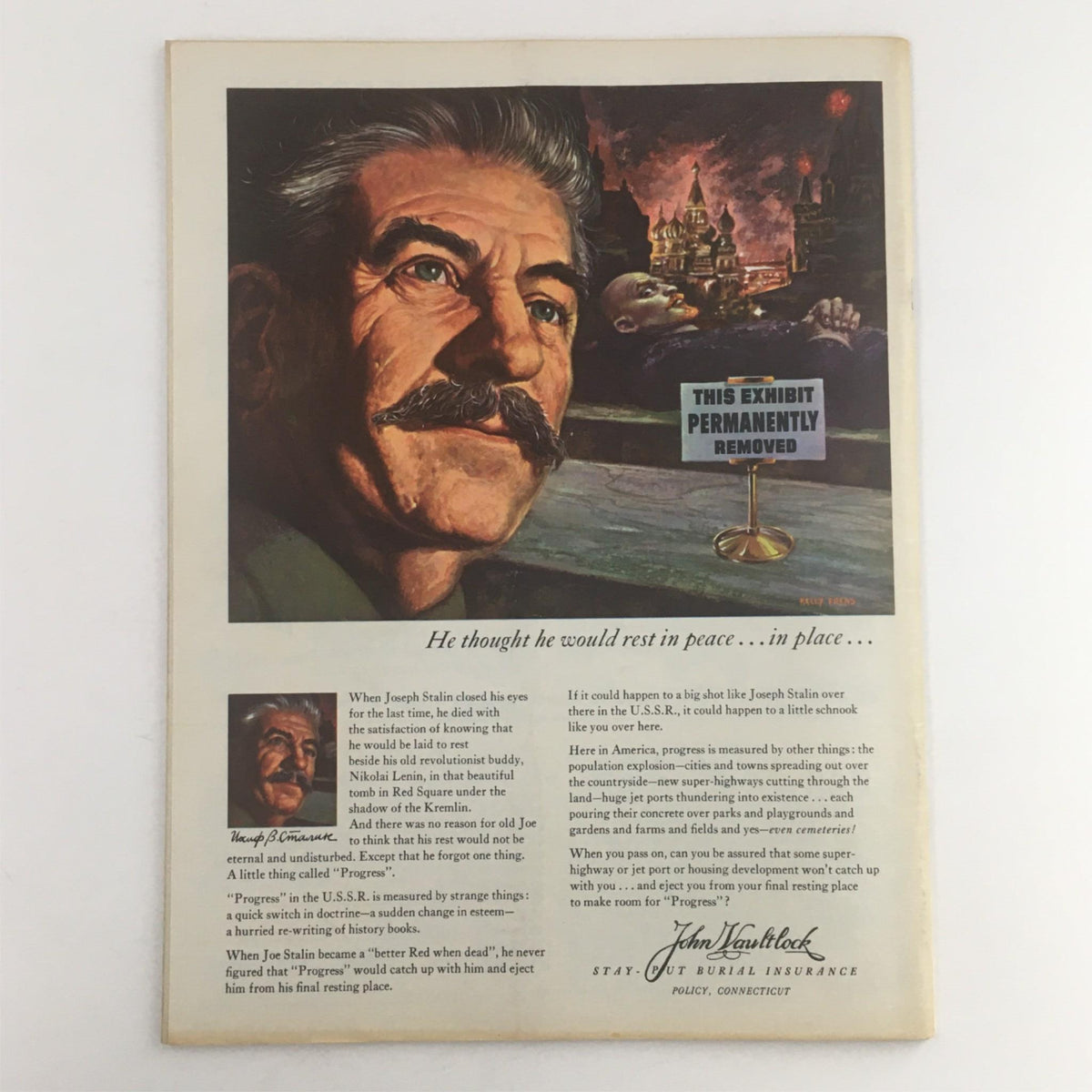 Back cover of Mad Magazine June 1962 No. 71 featuring an illustration of Joseph Stalin with a sign reading 'THIS EXHIBIT PERMANENTLY REMOVED' alongside a mock commentary on progress.