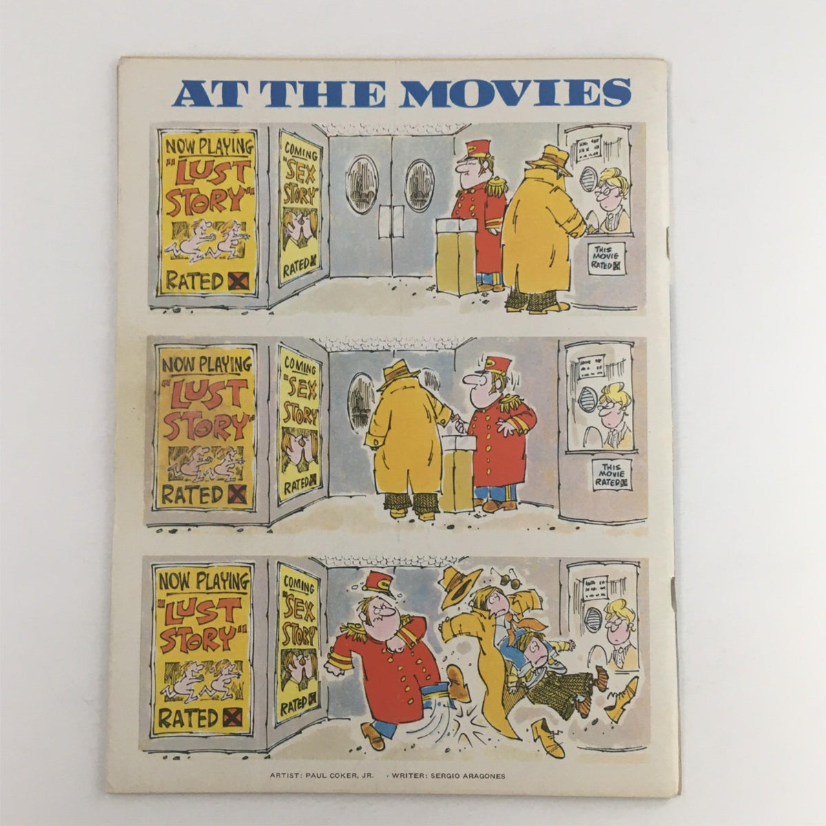 Mad Magazine April 1972 No. 150 back cover titled 'At The Movies' showcasing a humorous comic strip featuring characters at a movie theater, promoting the 'Lust Story' film in a satirical manner.