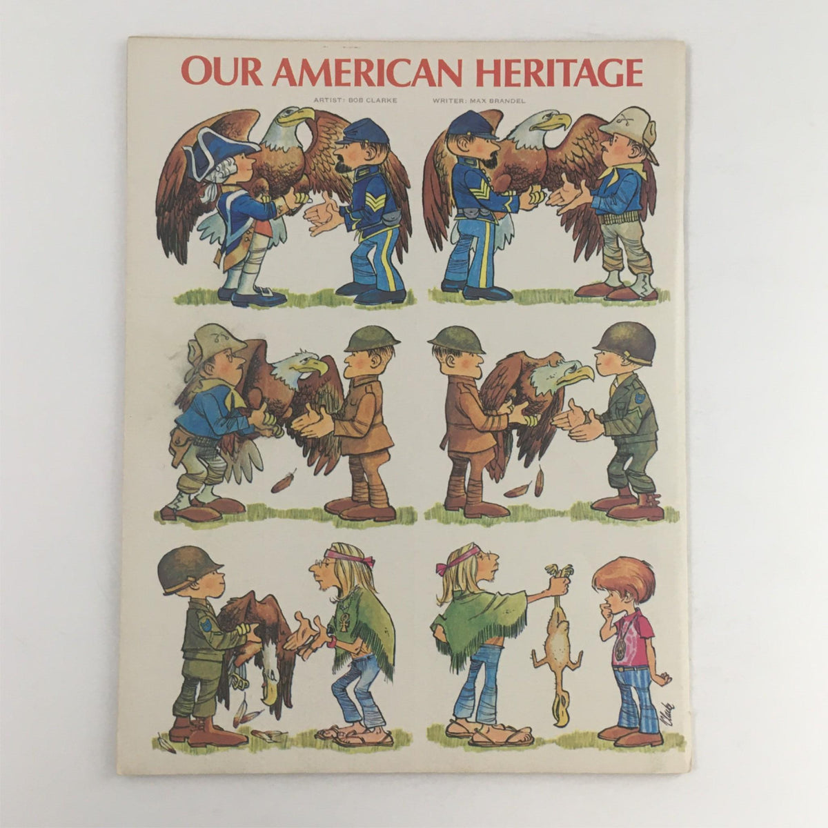 Back cover illustration of a vintage magazine, depicting characters in playful scenes related to American heritage with whimsical art style.