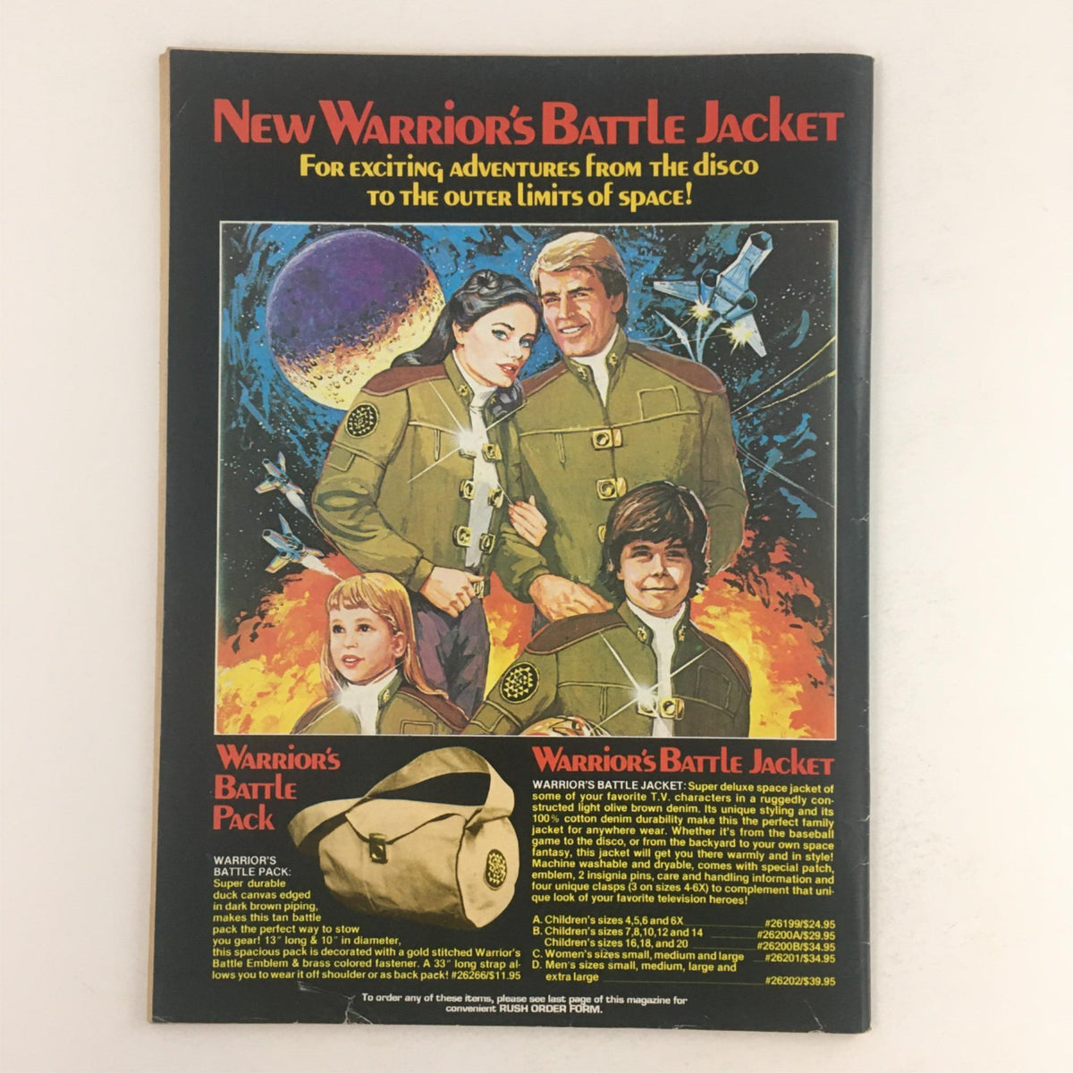 Eerie Magazine July 1981 #122 back cover showcasing an advertisement for the Warrior's Battle Jacket, set in outer space.