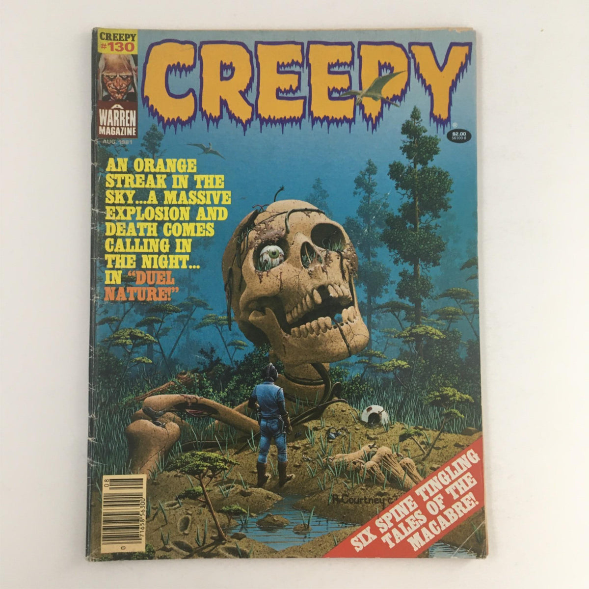 Cover of Creepy Magazine August 1981 #130 featuring a large skeleton, a figure in a blue outfit, and a vibrant horror-themed illustration showcasing the chilling tales inside.