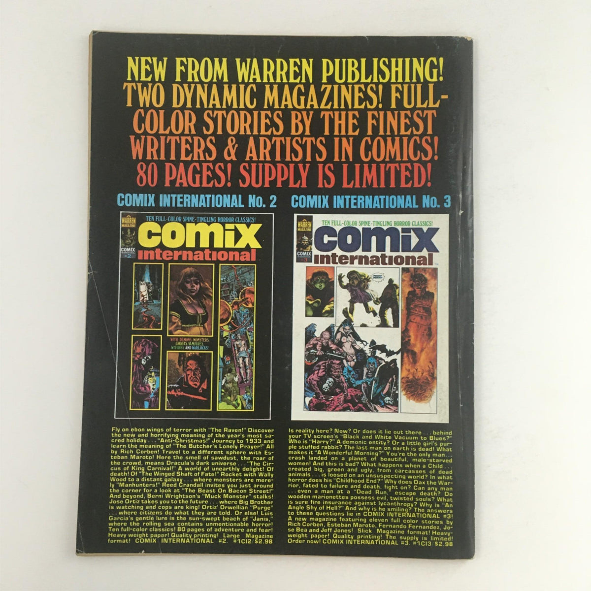 Back cover of Eerie Magazine February 1976 #72 showcasing advertisements for Comix International magazines.