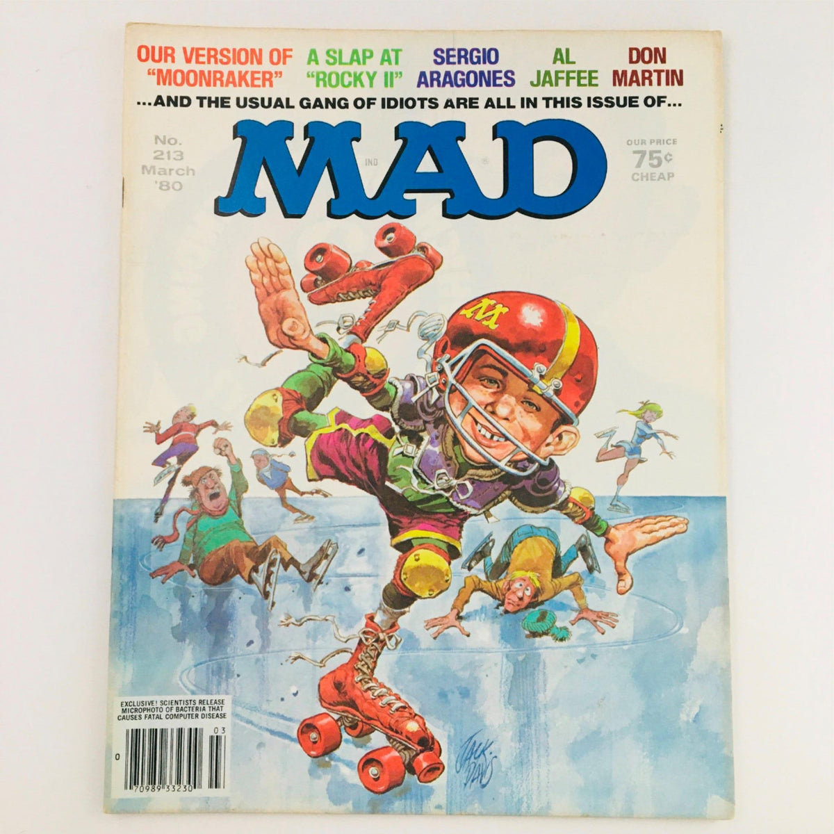 Cover of Mad Magazine March 1980 No. 213 featuring a humorous illustration related to the parody of the film 'Moonraker'. The cover depicts a child on roller skates wearing a helmet, amidst a comedic scene with other characters, characteristic of Mad Magazine's satirical style.