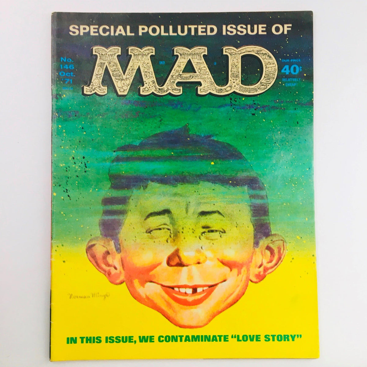 Cover of Mad Magazine October 1971 No. 146 Special Polluted Issue featuring iconic art and humorous tagline, showcasing the characteristic playfulness and satire of the era.