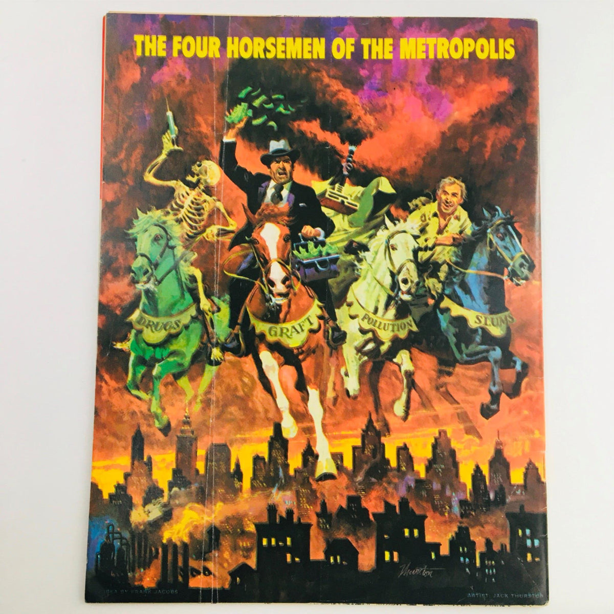 Cover of Mad Magazine October 1971 No. 146 Special Polluted Issue featuring the illustration 'The Four Horsemen of the Metropolis' depicting themes of Drugs, Graft, Pollution, and Slums against a dramatic urban backdrop.