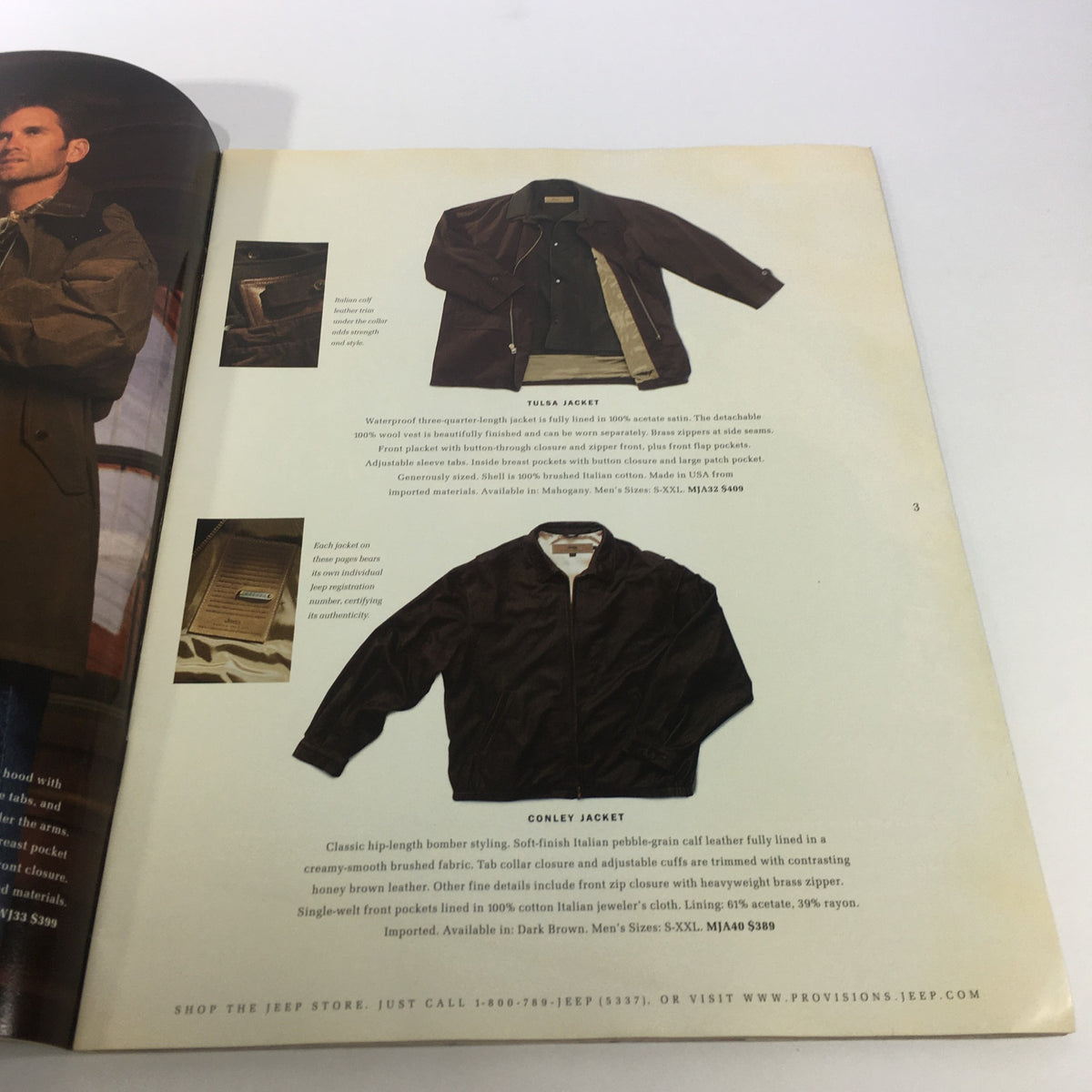 Interior page of the 2000 Jeep Provisions Classic Gear for Jeep Enthusiast brochure catalog featuring product descriptions for jackets, highlighting the lifestyle and gear associated with Jeep culture.