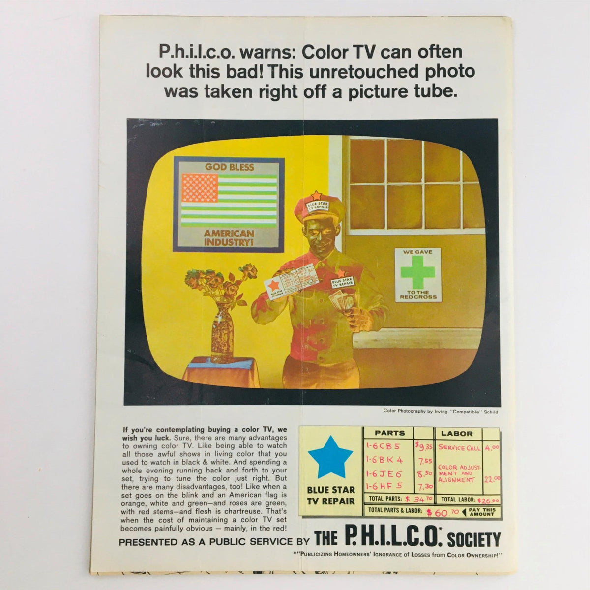 Back cover of Mad Magazine April 1967 No. 110 displaying a public service advertisement about color television, highlighting the playful and satirical nature of the magazine's content.