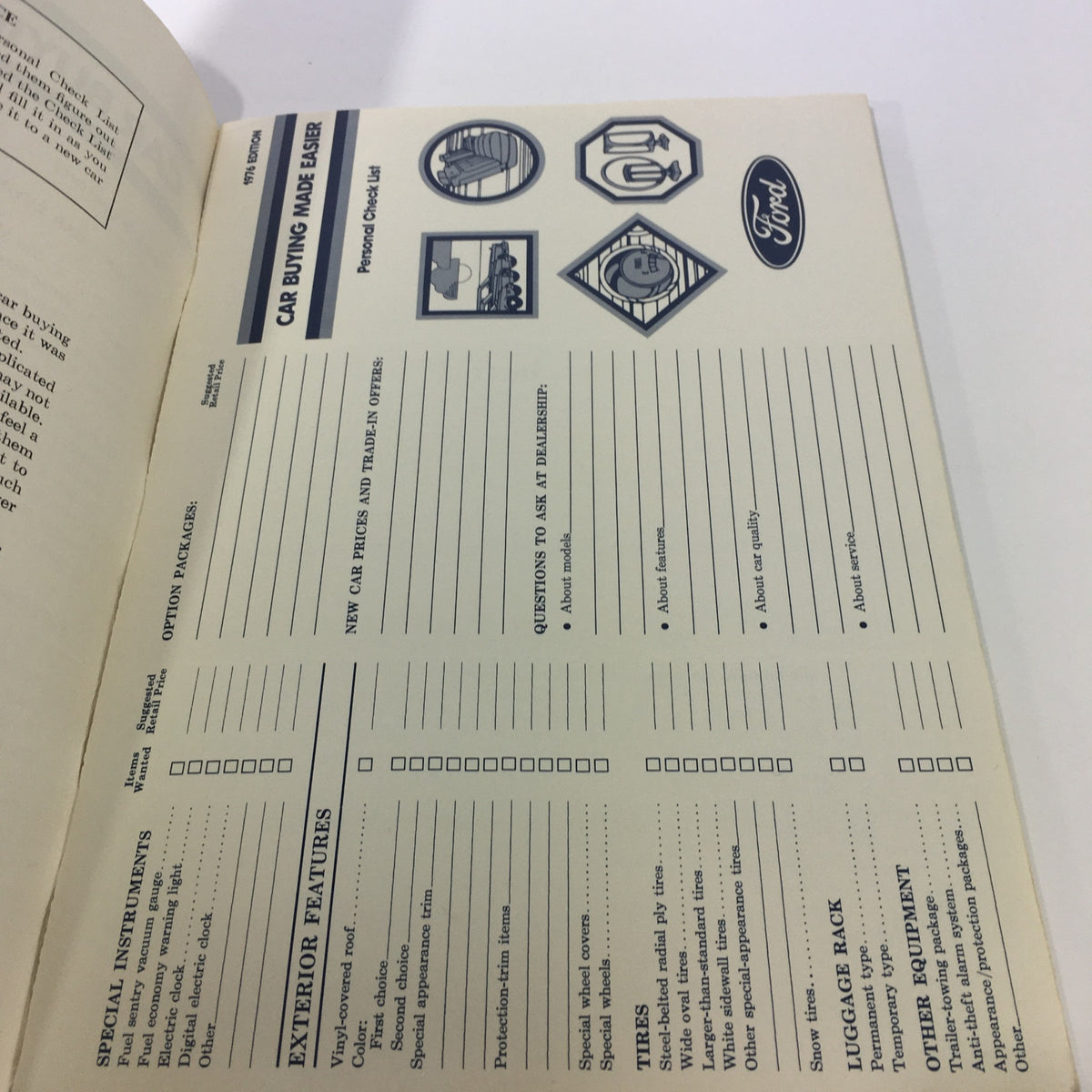 Page from the 1976 Ford Motor Company Car Buying Made Easier Catalog detailing personal checklist and option packages.
