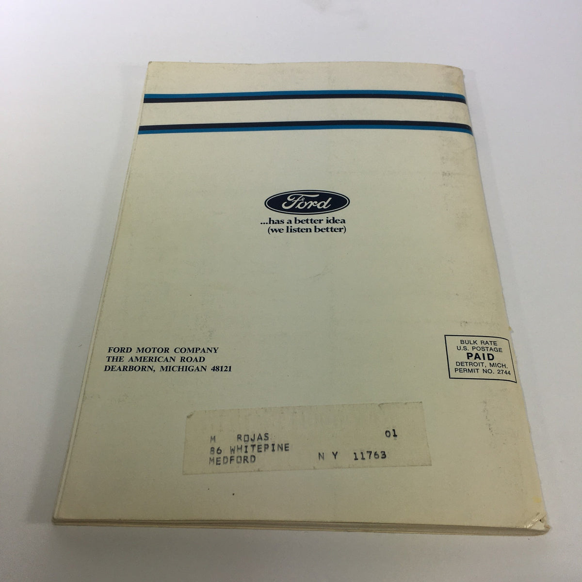 Back cover of the 1976 Ford Motor Company Car Buying Made Easier Catalog featuring the Ford logo and mailing information.