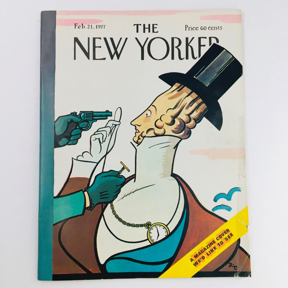 Cover of The New Yorker dated February 21, 1977, showcasing a whimsical illustration of a gentleman with a top hat being threatened by a gunman. A unique piece for collectors.