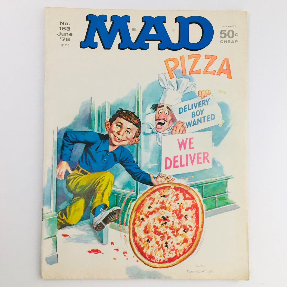 Cover of Mad Magazine June 1976 No. 183 featuring a whimsical illustration of a Pizza Delivery Boy with a large pizza, capturing the essence of mid-1970s humor and satire.