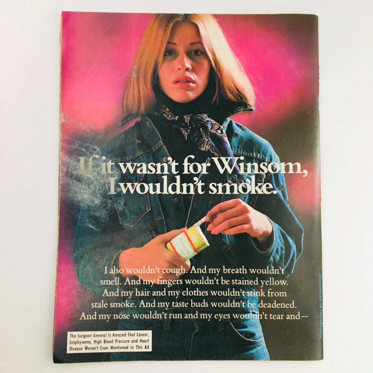 Back cover of Mad Magazine June 1976 No. 183 with a humorous advertisement featuring a woman holding a Winsom cigarette, presenting a satirical take on smoking culture in the 1970s.