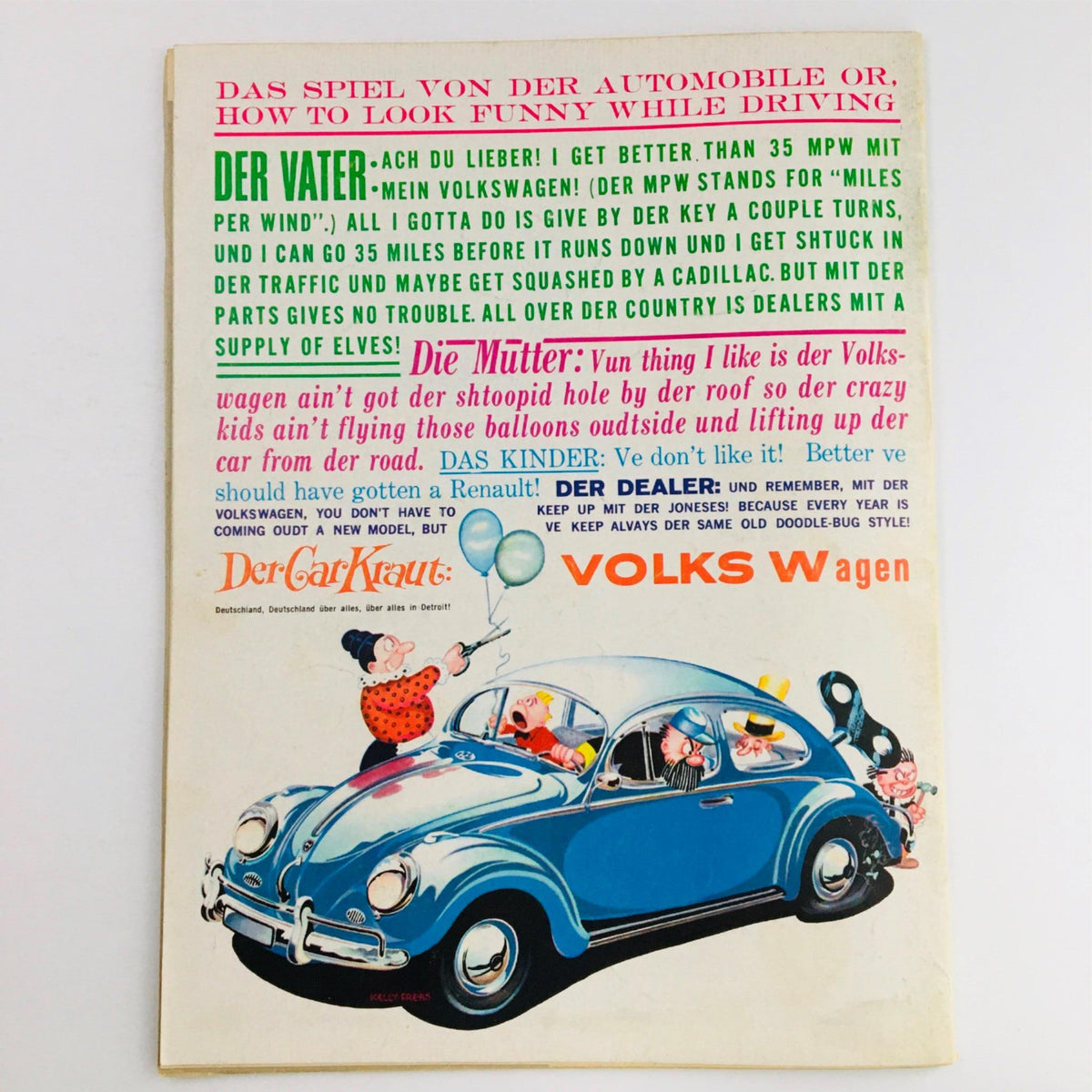 Back cover of Mad Magazine January 1960 No. 52 showcasing a humorous parody advertisement for a Volkswagen, featuring playful illustrations and comedic text.