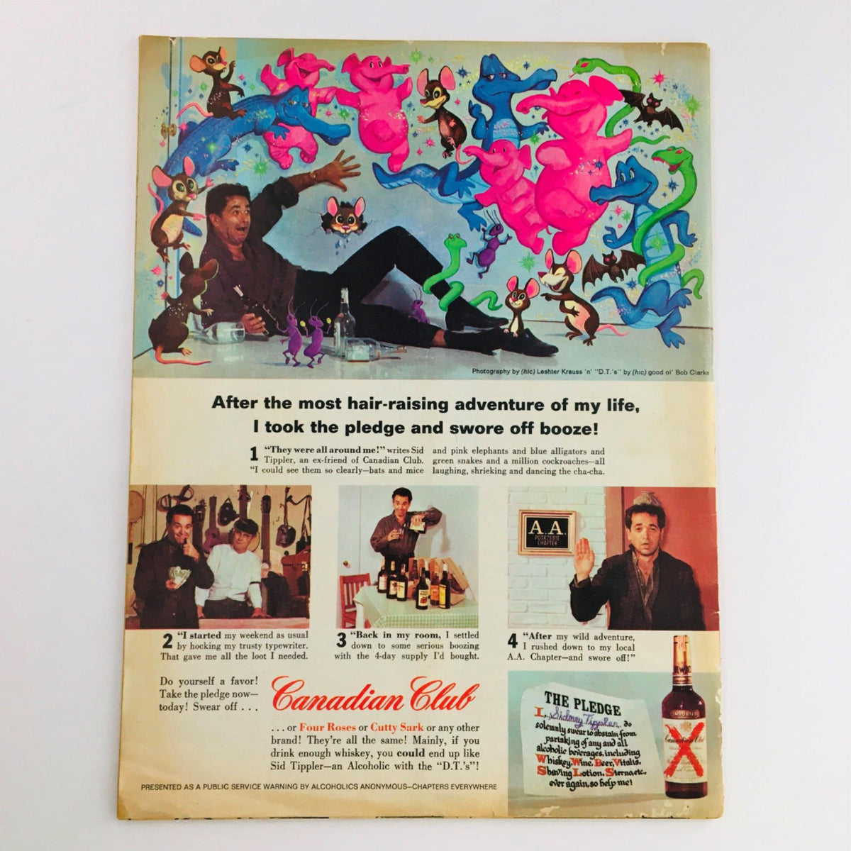 Back cover of Mad Magazine April 1965 No. 94 featuring a whimsical illustration of a man surrounded by colorful cartoon animals and a humorous message about alcohol awareness. The cover highlights the magazine's signature satirical style and reflects pop culture from the 1960s.