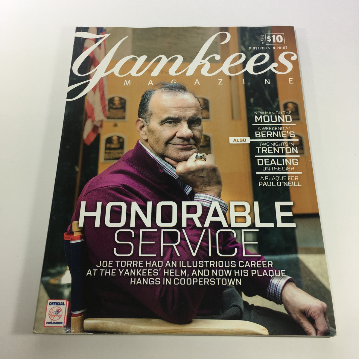 Cover of Yankees Magazine: August 2014 Volume #35-6 featuring Joe Torre, highlighting his career and legacy in baseball with the tagline 'Honorable Service'.