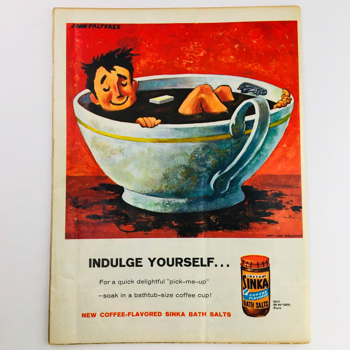 Mad Magazine October 1960 No. 58 cover featuring a humorous illustration of a character relaxing in a bathtub-sized coffee cup, promoting Sinka Bath Salts. This classic magazine is a must-have for collectors.