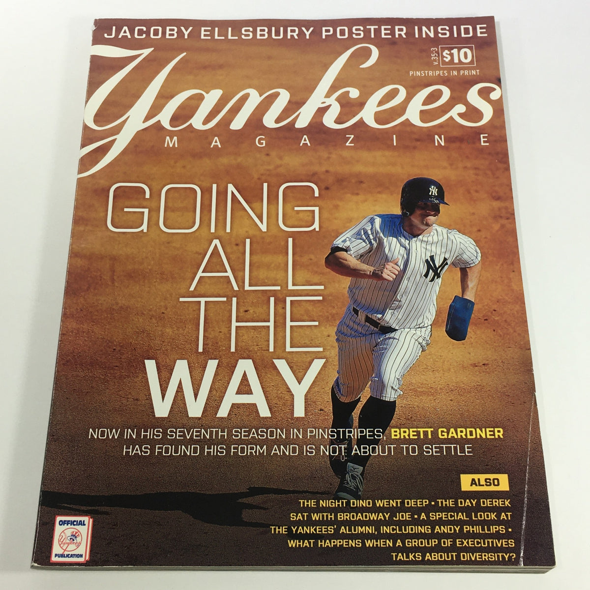 Cover of Yankees Magazine May 2014 Volume #35-3 featuring Brett Gardner in Yankees uniform with the headline 'Going All The Way' highlighting his career achievements.