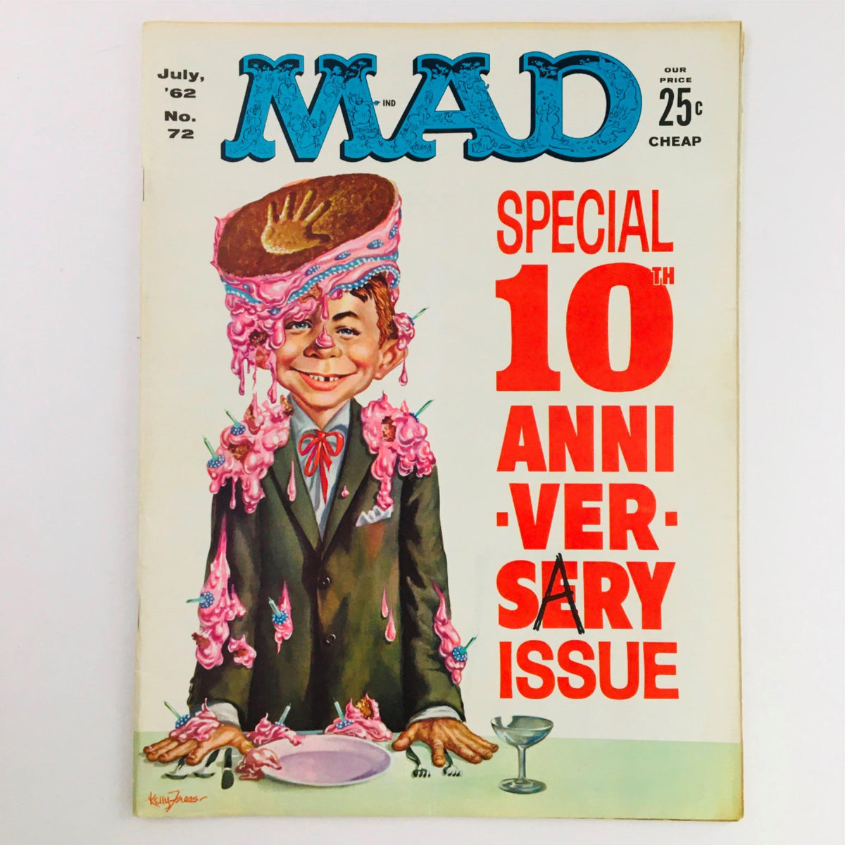 Cover of Mad Magazine July 1962 No. 62 Special 10th Anniversary Issue featuring a humorous illustration of a boy with cake and ice cream on his head, celebrating a decade of satirical humor.