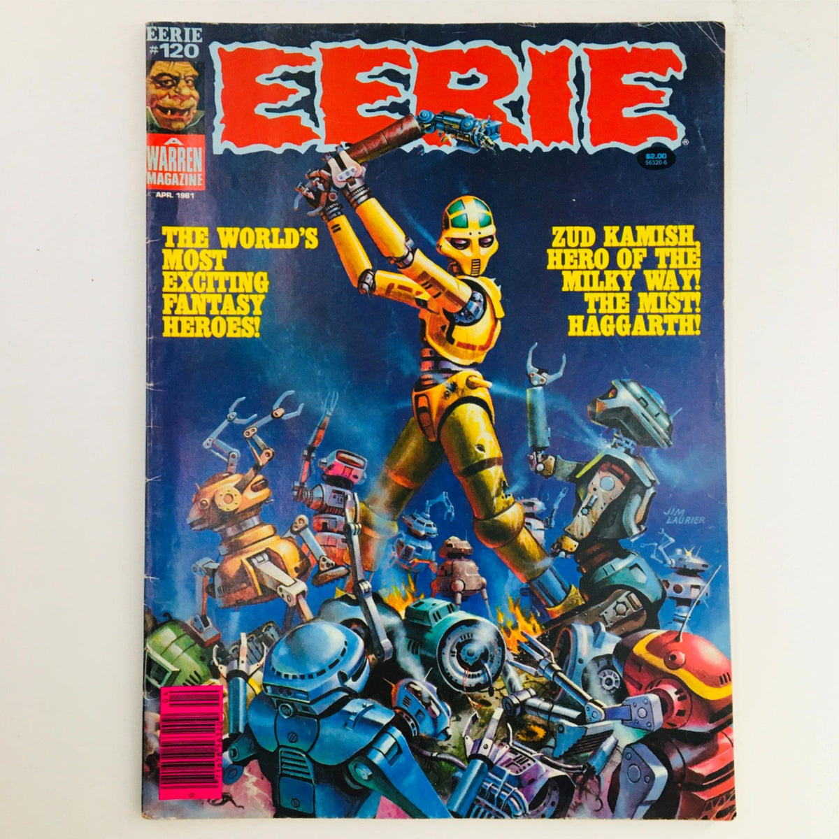 Eerie Magazine April 1981 #120 featuring the dynamic cover artwork by Zud Kamish, depicting an action-packed scene with robots and fantasy characters, graded Fine/FN 6.0, ideal for collectors of vintage horror magazines.