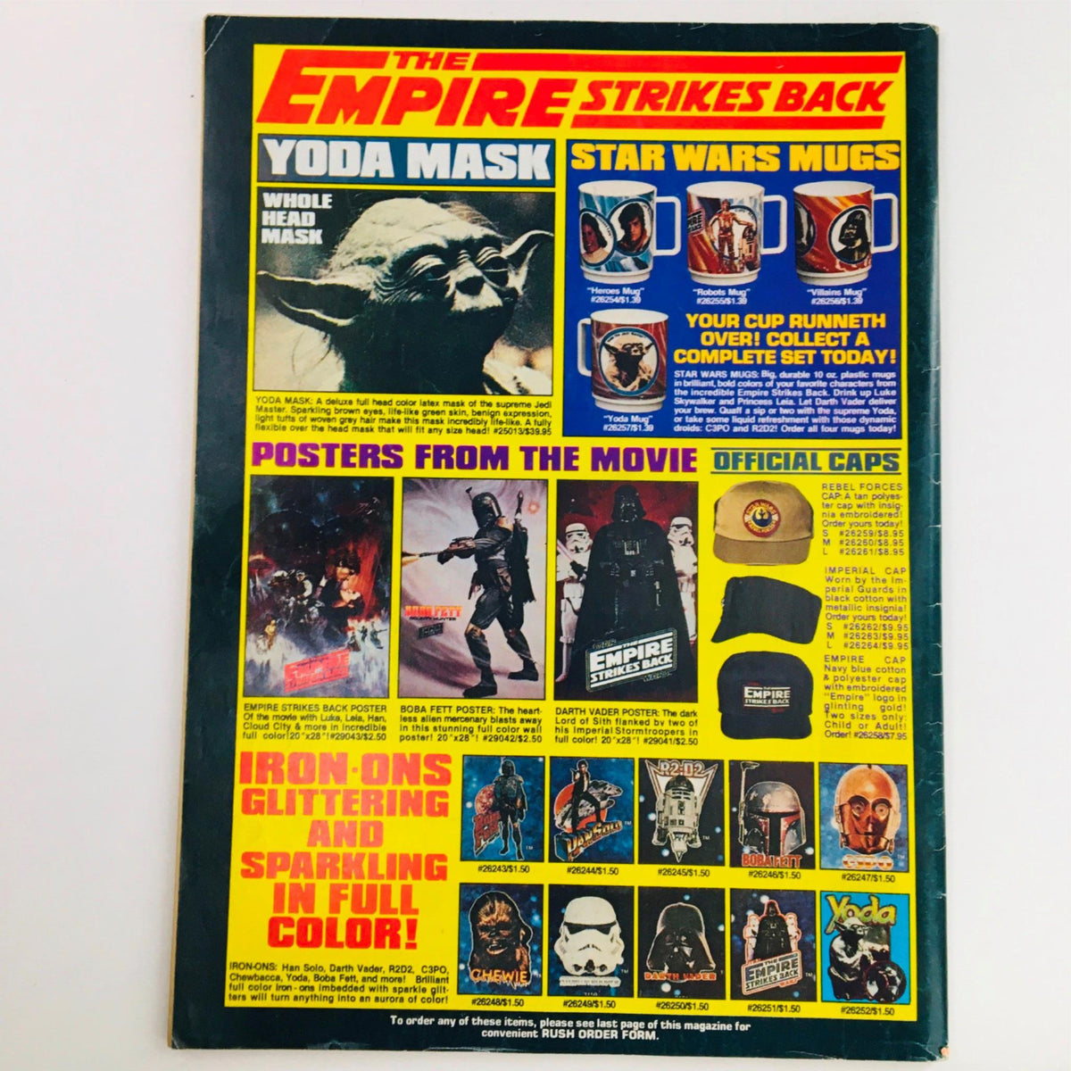 The back cover of Eerie Magazine April 1981 #120, showcasing advertisements for Star Wars merchandise including a Yoda mask and various themed mugs, highlighting the cultural tie-in between horror comics and popular sci-fi.