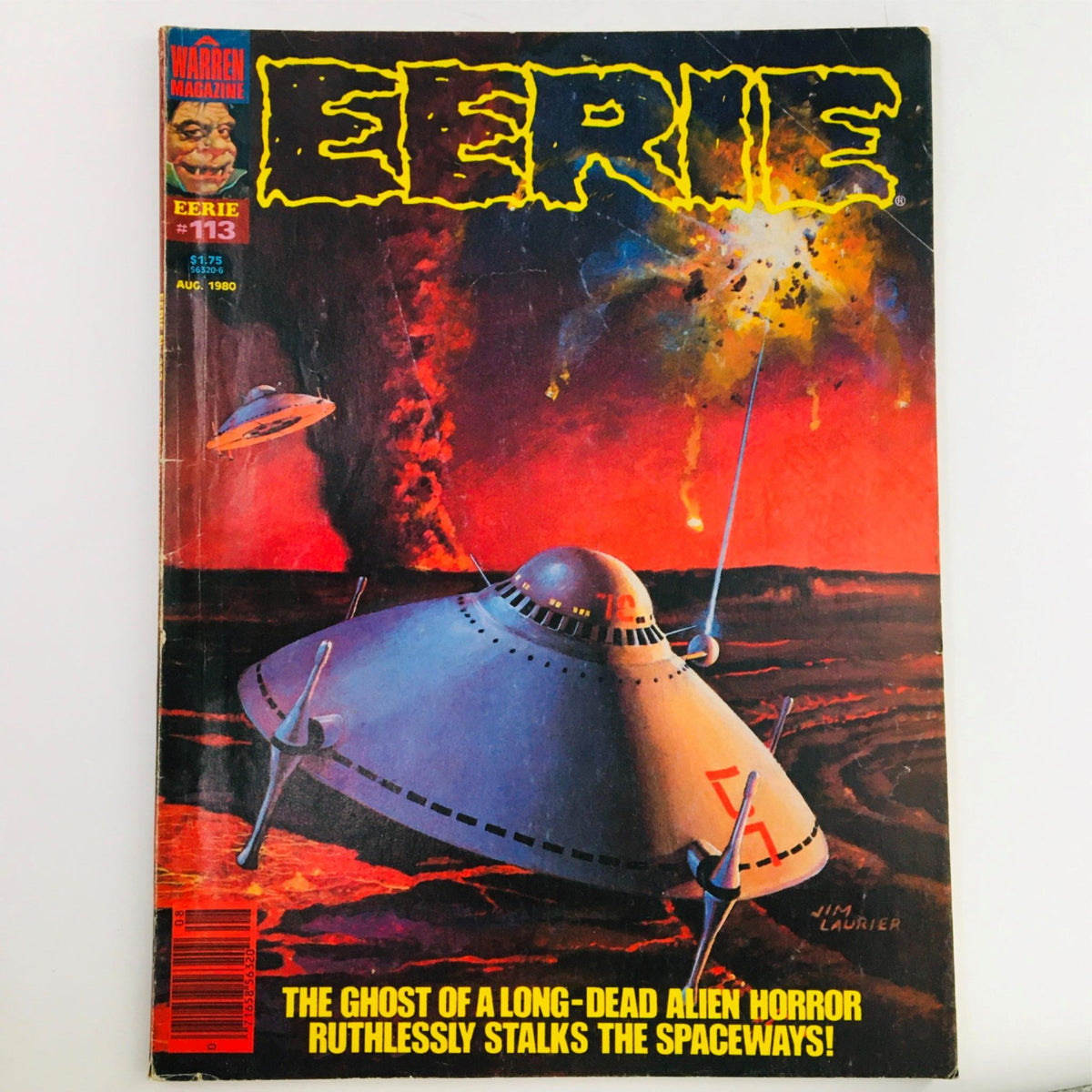 Eerie Magazine August 1980 #113 cover featuring an alien spaceship against a dramatic, fiery background. The cover art captures the eerie themes of science fiction and horror that characterize this vintage magazine issue.