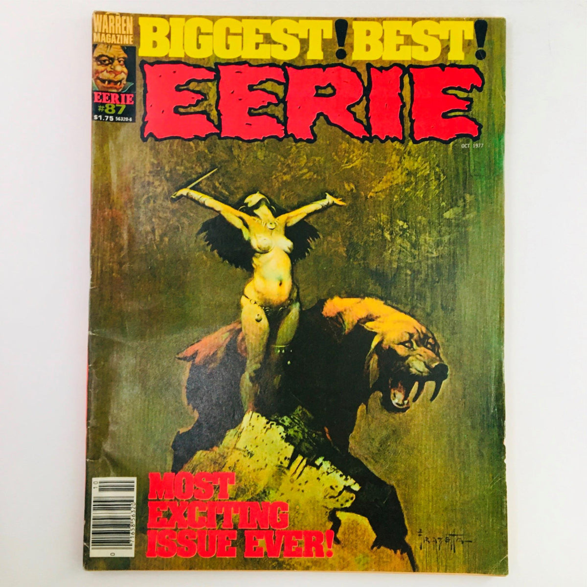 Cover of Eerie Magazine October 1977 #87, featuring striking horror artwork and bold text stating 'Biggest! Best! Eerie' and 'Most Exciting Issue Ever!' showcasing vintage horror themes.