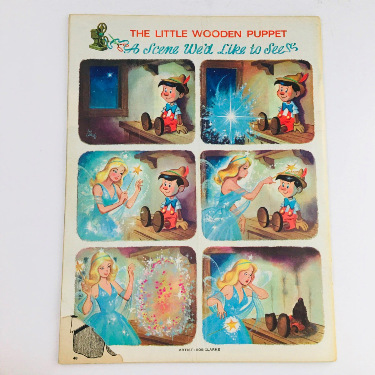 Back cover of a vintage comic featuring scenes from 'The Little Wooden Puppet', showcasing Pinocchio and fairy characters, appealing to fans of classic illustrated stories.